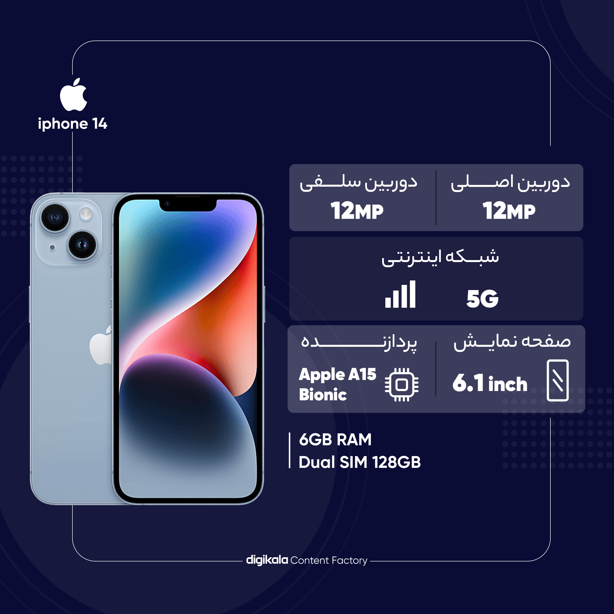 گوشی موبایل اپل مدل iPhone 14 CH دو سیم کارت ظرفیت 128 گیگابایت و رم 6 گیگابایت – به همراه شارژر 20 وات اپل